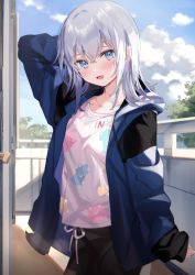 Rule 34 | 1girl, :d, arm behind head, arm up, black shorts, blue eyes, blue jacket, blue sky, blush, cloud, commentary request, day, grey hair, hair between eyes, highres, jacket, kanda done, long sleeves, looking at viewer, open clothes, open jacket, open mouth, original, outdoors, railing, shirt, shorts, sky, sleeves past wrists, smile, solo, white shirt