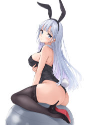 Rule 34 | 1girl, animal ears, ass, black leotard, blue eyes, blush, breast hold, breasts, brown thighhighs, detached collar, earrings, fake animal ears, fake tail, from side, head tilt, high heels, highres, jewelry, lace, lace-trimmed legwear, lace trim, large breasts, leotard, long hair, looking at viewer, multicolored hair, original, playboy bunny, purple hair, rabbit ears, rabbit tail, simple background, sitting, sitting on ball, solo, tail, thighhighs, thighs, two-tone hair, white background, white hair, wing (aiastor)