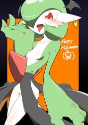 Rule 34 | 1girl, absurdres, alternate color, black border, black wings, blush, bob cut, border, breasts, collarbone, colored skin, cowboy shot, creatures (company), crescent, crescent earrings, earrings, english text, fangs, female focus, game freak, gardevoir, gen 3 pokemon, green hair, green skin, hair over one eye, halloween, hand up, happy, happy halloween, head wings, heart, heart in eye, highres, jewelry, kazamidoririnn, looking at viewer, mini wings, multicolored skin, nintendo, one eye covered, open mouth, orange background, outside border, pokemon, pokemon (creature), red eyes, short hair, simple background, small breasts, smile, solo, standing, symbol in eye, thighs, tongue, tongue out, two-tone skin, white skin, wings
