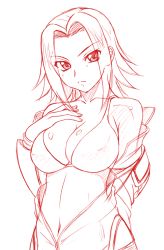 Rule 34 | 00s, 1girl, bare shoulders, bikini, bikini top only, breasts, cleavage, code geass, female focus, hand on breast, kouzuki kallen, large breasts, lingerie, misnon the great, monochrome, navel, open clothes, red theme, short hair, solo, standing, swimsuit, underwear
