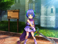 Rule 34 | 1girl, blue eyes, blue hair, blush, boots, bow, cape, child, day, dragon quest, dragon quest v, gloves, hair bow, hair ribbon, hero&#039;s daughter (dq5), highres, holding, holding sword, holding weapon, legs apart, matching hair/eyes, mutsuki (moonknives), outdoors, ribbon, short hair, solo, square enix, standing, sword, two-handed, weapon