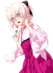 Rule 34 | 1girl, ahoge, black ribbon, blonde hair, blush, commentary request, dango, embarrassed, fate (series), food, grey eyes, hair ribbon, hakama, hakama skirt, hands up, holding, holding food, japanese clothes, koha-ace, long sleeves, looking at viewer, messy hair, okita souji, okita souji (fate), okita souji (koha-ace), onsoku inu, open mouth, ribbon, sanshoku dango, short hair, simple background, skirt, solo, standing, wagashi, wavy mouth, white background, wide-eyed, wide sleeves