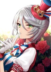 Rule 34 | 1girl, blush, bow, bowtie, flower, from side, gambe, gloves, green eyes, green vest, grey hair, hair between eyes, hand up, hat, index finger raised, looking at viewer, looking to the side, mini hat, parted lips, pretty series, pripara, puffy short sleeves, puffy sleeves, red flower, red rose, rose, shikyoin hibiki, shirt, short hair, short sleeves, solo, top hat, upper body, vest, white gloves, white shirt