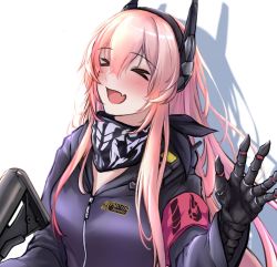 Rule 34 | 1girl, 3 small spiders, black gloves, black jacket, black scarf, blush, closed eyes, girls&#039; frontline, gloves, gun, hand up, headphones, highres, holding, holding gun, holding weapon, jacket, long hair, looking at viewer, m4 sopmod ii, m4 sopmod ii (girls&#039; frontline), multicolored hair, open mouth, pink hair, scarf, shadow, smile, solo focus, upper body, walkie-talkie, weapon, white background