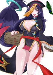 Rule 34 | 1girl, absurdres, braid, breasts, chinese clothes, cleavage, covered navel, fate/grand order, fate (series), fingernails, gluteal fold, hat, highres, jiangshi, large breasts, long hair, looking at viewer, matching hair/eyes, minamoto no raikou (fate), nail polish, namonakisyura, no panties, one eye covered, open mouth, parted bangs, pelvic curtain, purple eyes, purple hair, qingdai guanmao, sharp fingernails, shiny skin, shuten douji (fate), shuten douji (festival outfit) (fate), simple background, solo, talisman, teeth, thigh gap, thighs, tongue, twin braids, upper teeth only, very long hair, white background