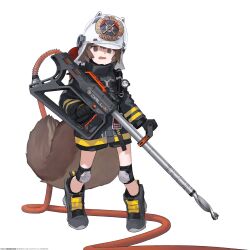 Rule 34 | 1girl, @ @, animal ears, animal hat, arknights, astg, black footwear, black gloves, black jacket, boots, brown eyes, brown hair, commentary request, fake animal ears, fire helmet, firefighter jacket, full body, gloves, hat, highres, holding, jacket, knee pads, long sleeves, open mouth, shaw (arknights), simple background, solo, squirrel tail, standing, tail, white background, white hat