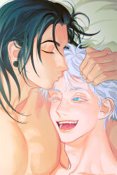 Rule 34 | 2boys, :d, bed sheet, black hair, blue eyes, closed mouth, colored eyelashes, ear piercing, gegoporn, getou suguru, gojou satoru, hand on another&#039;s head, highres, jujutsu kaisen, kiss, kissing forehead, looking at another, male focus, multiple boys, on bed, one eye closed, open mouth, piercing, portrait, sharp teeth, simple background, smile, teeth, topless male, white hair, yaoi