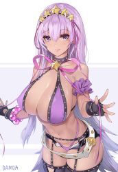 Rule 34 | 10s, 1girl, arm garter, artist name, bare shoulders, bb (fate), bb (fate) (all), bb (swimsuit mooncancer) (fate), bb (swimsuit mooncancer) (second ascension) (fate), bead bracelet, beads, belt, bikini, black gloves, black shorts, black thighhighs, blush, bracelet, breasts, cleavage, collarbone, damda, dark-skinned female, dark skin, fate/extra, fate/extra ccc, fate/grand order, fate (series), fingerless gloves, gloves, hair between eyes, hair ribbon, hip focus, jewelry, large breasts, licking lips, long hair, looking at viewer, micro shorts, nail polish, navel, neck ribbon, purple bikini, purple eyes, purple hair, ribbon, short shorts, shorts, simple background, smile, solo, star (symbol), swimsuit, tan, thighhighs, thighs, tiara, tongue, tongue out, very long hair, white background, white belt