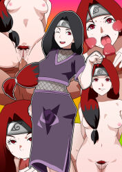 Rule 34 | 1girl, 4boys, arms behind back, black hair, boruto: naruto next generations, breasts, censored, cleft of venus, collarbone, crop top, dress, feet out of frame, fellatio, female pubic hair, fishnet top, fishnets, girl on top, group sex, hair tie, hana kaka, headband, hetero, highres, hiropon (hjxp2347), konohagakure symbol, licking lips, long hair, looking at viewer, low-tied long hair, mosaic censoring, multicolored hair, multiple boys, naruto (series), navel, nipples, one eye closed, open mouth, oral, penis, pubic hair, purple dress, purple shirt, pussy, red eyes, red hair, reverse cowgirl position, sex, sex from behind, shirt, small breasts, solo focus, spread legs, standing, straddling, sweat, sweatdrop, teeth, thighs, tongue, tongue out, upper teeth only, vaginal, wink