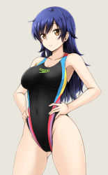 Rule 34 | 1girl, armpits, bare shoulders, black one-piece swimsuit, blue hair, breasts, brown eyes, commentary request, competition swimsuit, covered navel, fuuma nagi, gluteal fold, grey background, hands on own hips, highleg, highleg swimsuit, large breasts, long hair, looking at viewer, one-piece swimsuit, original, smile, solo, speedo (company), swimsuit, wavy hair