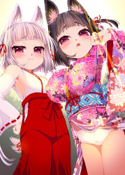Rule 34 | 2girls, :3, animal ears, armpits, black hair, blunt bangs, blush, breasts, detached sleeves, floral print, fox ears, fox girl, fox tail, hair ribbon, hand on own hip, highres, holding, japanese clothes, kimono, large breasts, looking at viewer, miko, multicolored clothes, multicolored kimono, multiple girls, obi, open mouth, original, panties, purple eyes, red ribbon, ribbon, ribbon-trimmed sleeves, ribbon trim, sash, short hair, silver hair, small breasts, suzune rai, tail, thick eyebrows, underwear, white panties, wide sleeves
