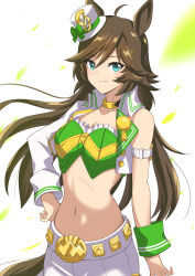 Rule 34 | 1girl, absurdres, ahoge, animal ears, breasts, brown hair, choker, collarbone, commentary request, cowboy shot, crop top, cropped jacket, green eyes, green shirt, hair between eyes, hair ornament, hairclip, hands up, hat, highres, horse ears, horse girl, horse tail, jacket, long hair, long sleeves, looking at viewer, midriff, mini hat, mini top hat, mr. c.b. (umamusume), navel, open clothes, open jacket, pants, parted lips, ryochan96154, shirt, sidelocks, simple background, single bare shoulder, single sleeve, small breasts, smile, solo, standing, strapless, strapless shirt, tail, top hat, umamusume, white background, white pants, wrist cuffs, yellow choker