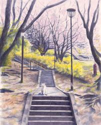 Rule 34 | akashi kaikyou, bare tree, calligraphy brush (medium), cherry blossoms, day, dog, highres, lamppost, leash, looking at viewer, no humans, original, outdoors, painting (medium), path, pink sky, plant, railing, road, scenery, sky, spring (season), stairs, traditional media, tree, watercolor (medium)
