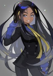 Rule 34 | 1girl, black hair, black jacket, black pants, buttons, commentary, creatures (company), double-breasted, game freak, geeta (pokemon), gloves, grey background, grin, hand up, highres, holding, jacket, long hair, long sleeves, looking at viewer, milka (milk4ppl), necktie, nintendo, pants, pokemon, pokemon sv, purple eyes, purple gloves, smile, solo, teeth, yellow necktie