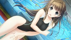 Rule 34 | 1girl, black eyes, blush, braid, breast hold, breasts, brown hair, collarbone, competition swimsuit, covering privates, dutch angle, game cg, grey eyes, hair ribbon, hand on own thigh, haru kiss, highleg, highleg swimsuit, lane line, legs, long hair, looking at viewer, marui (koedame), one-piece swimsuit, open mouth, pool, poolside, ribbon, solo, standing, swimsuit, thighs, water, yasumi itsuki