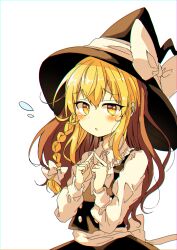 Rule 34 | 1girl, absurdres, black hat, blonde hair, blush, bow, braid, commentary request, finger touching, flying sweatdrops, hat, hat bow, highres, kirisame marisa, long hair, long sleeves, looking at viewer, open mouth, seika okawari, side braid, simple background, single braid, solo, touhou, upper body, white background, white bow