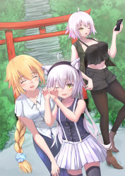 Rule 34 | 3girls, absurdres, ahoge, animal ears, b7669726, bare arms, black legwear, black shirt, black shorts, black tank top, blonde hair, blush, boots, brown footwear, cat ears, cellphone, collarbone, commentary request, denim, closed eyes, fate/grand order, fate (series), green jacket, hair between eyes, hair ornament, highres, holding, holding phone, jacket, jeanne d&#039;arc (fate), jeanne d&#039;arc (ruler) (fate), jeanne d&#039;arc alter (avenger) (fate), jeanne d&#039;arc alter (fate), jeanne d&#039;arc alter santa lily (fate), jeans, long braid, long hair, multiple girls, navel, one eye closed, outdoors, pants, pantyhose, phone, shirt, short hair, short shorts, short sleeves, shorts, skirt, sleeveless, sleeveless jacket, sleeveless shirt, smartphone, stairs, suspenders, tank top, teeth, thighhighs, upper teeth only, white hair, white shirt, white skirt, yellow eyes