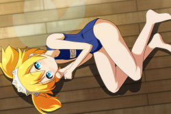 Rule 34 | 1girl, bare arms, bare legs, bare shoulders, barefoot, blonde hair, blue eyes, blue one-piece swimsuit, blush, cato (monocatienus), commentary request, fairy wings, from above, full body, headdress, looking at viewer, looking up, lying, name tag, on floor, on side, one-piece swimsuit, school swimsuit, short hair, smile, solo, sunny milk, swimsuit, touhou, twintails, wings, wooden floor