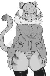 Rule 34 | 1girl, animal ears, artist name, bow, bow panties, bowtie, buttons, coffeechicken, diamond mouth, earmuffs, fur-trimmed jacket, fur trim, furry, furry female, greyscale, highres, jacket, looking to the side, monochrome, no pants, open mouth, original, panties, personification, pocket, short hair, simple background, skindentation, striped clothes, striped panties, tail, thighhighs, tiger ears, tiger tail, underwear, watermark, whiskers, white background