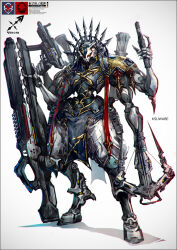 Rule 34 | 1other, ambiguous gender, armor, arrow (projectile), artist name, bow (weapon), check copyright, commentary request, copyright request, crossbow, extra arms, full armor, full body, greaves, gun, gun on back, holding, holding gun, holding weapon, k-suwabe, original, quiver, red eyes, sagittarius (zodiac), simple background, solo, spiked helmet, spikes, standing, submachine gun, weapon, weapon on back, white background, zodiac