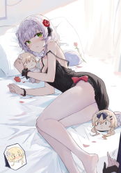 Rule 34 | 2girls, absurdres, bare arms, bed, black dress, black ribbon, blush, bow, braid, breasts, character doll, chinese commentary, cleavage, commentary request, dress, flower, genshin impact, green eyes, hair flower, hair ornament, hair ribbon, highres, looking at viewer, lumine (genshin impact), lying, medium breasts, medium hair, multiple girls, noelle (genshin impact), on bed, on side, pantyhose, parted lips, petals, pillow, pov, red bow, red flower, red rose, ribbon, rose, short dress, silver hair, sleeveless, sleeveless dress, thighs, white pantyhose, wrist cuffs, yajuu