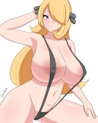 Rule 34 | 1girl, armpits, artist name, bare shoulders, black slingshot swimsuit, breasts, cleavage, creatures (company), cynthia (pokemon), female focus, game freak, hair over one eye, highres, large breasts, long hair, looking at viewer, navel, nintendo, onakaitaiyo, parted lips, pokemon, pokemon dppt, sidelocks, simple background, slingshot swimsuit, smile, solo, swimsuit, thighs, white background