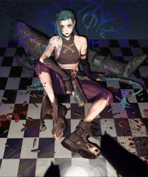 Rule 34 | 1girl, arcane: league of legends, arcane jinx, arm tattoo, bare shoulders, bleeding, blood, blood on arm, blood on leg, blood splatter, bloody weapon, blue gloves, blue hair, boots, brown footwear, brown gloves, checkered floor, closed mouth, collarbone, covered collarbone, fingerless gloves, gloves, gun, handgun, highres, holding, holding gun, holding weapon, injury, jinx (league of legends), league of legends, long hair, makeup, mascara, mmmilk, paint, paint splatter, pool of blood, pov, purple eyes, purple lips, runny makeup, shell casing, shoulder tattoo, signature, sitting, smile, solo focus, stomach tattoo, striped legwear, tattoo, torn, torn clothes, torn gloves, torn legwear, twintails, very long hair, weapon