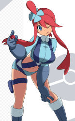 Rule 34 | 1girl, ;q, belt, blue belt, blue eyes, blue footwear, blue gloves, blue jacket, blue shorts, blush, boots, breasts, commentary request, cowboy shot, creatures (company), cropped jacket, elbow gloves, game freak, gloves, grey background, gym leader, hair between eyes, hair ornament, hand on own knee, highres, holding, holding poke ball, holster, jacket, knee boots, large breasts, leaning forward, long hair, looking at viewer, midriff, navel, nintendo, one eye closed, one side up, poke ball, poke ball (basic), pokemon, pokemon bw, pouch, red hair, sakuraidai, short shorts, shorts, sidelocks, skyla (pokemon), smile, solo, standing, thigh holster, thigh pouch, thigh strap, tongue, tongue out, two-tone background, white background