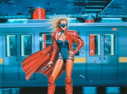 Rule 34 | 1980s (style), 1girl, a.d. police files, blade, blonde hair, blood, boots, breasts, buttons, caroline evers, ceiling, cleavage, coat, collar, column, contrapposto, flying hair, halterneck, hand on own hip, hidden eyes, high boots, highres, hip focus, holding, knife, large breasts, leotard, lipstick, long coat, long hair, looking at viewer, makeup, mask, nail polish, retro artstyle, one-piece swimsuit, pillar, retro artstyle, solo, standing, strap, subway, swimsuit, underground, veins, wagon
