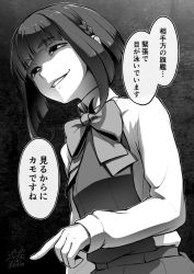 Rule 34 | 1girl, blunt bangs, bob cut, bow, bowtie, braid, commentary, dress, ebiblue, gesugao, greyscale, grin, kantai collection, long sleeves, monochrome, pointing, shaded face, shirt, short hair with long locks, signature, sleeveless, sleeveless dress, smile, solo, takanami (kancolle), thick eyebrows, translated, twitter username