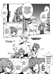 Rule 34 | &gt;:o, &gt; &lt;, 10s, 1boy, 2girls, :o, ^^^, admiral (kancolle), arm hug, arms at sides, belt, blush, bow, building, buttons, closed eyes, collared shirt, comic, day, detached sleeves, dress, emphasis lines, english text, engrish text, fang, flying sweatdrops, greyscale, hair between eyes, hair bow, hair flaps, hair ribbon, height difference, high ponytail, highres, hug, kantai collection, kasumi (kancolle), long hair, long sleeves, looking at another, looking down, looking up, military, military uniform, monochrome, multiple girls, naval uniform, open mouth, outdoors, outstretched arm, peeking, pinafore dress, ponytail, ranguage, ribbon, sheita, shirt, shouting, side ponytail, sleeveless dress, speech bubble, standing, surprised, talking, tree, uniform, v-shaped eyebrows, window, yamakaze (kancolle)