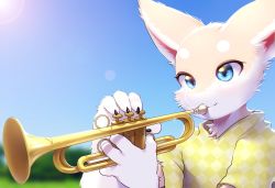 Rule 34 | 1boy, animal ears, blue eyes, blurry, blurry background, borrowed character, claws, day, fox ears, furry, furry male, highres, holding, holding instrument, instrument, male focus, music, original, outdoors, playing instrument, raizinndx, shirt, solo, trumpet, yellow shirt