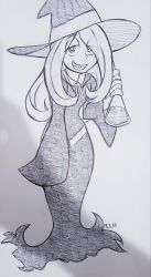 Rule 34 | 1girl, collar, commentary, doodle, english commentary, eyes visible through hair, flask, full body, greyscale, hair over one eye, half-closed eyes, hat, holding, initial, little witch academia, long hair, looking at viewer, luna nova school uniform, monochrome, photo (medium), potion, school uniform, shadow, sharp teeth, signature, smile, solo, sucy manbavaran, teeth, theironmountain, traditional media, watermark, wide sleeves, witch, witch hat