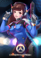 Rule 34 | 1girl, abstract background, acronym, animal print, armor, arms up, blue bodysuit, bodysuit, boots, bracer, breasts, brown eyes, brown hair, clenched hand, clothes writing, contrapposto, copyright name, covered erect nipples, cowboy shot, d.va (overwatch), emblem, eyebrows, eyelashes, facepaint, facial mark, glint, gloves, glowing, gun, handgun, hands up, headphones, high collar, highres, holding, holding gun, holding weapon, impossible bodysuit, impossible clothes, jing (1561659763), legs apart, logo, long hair, long sleeves, looking at viewer, medium breasts, nose, overwatch, overwatch 1, parted lips, pauldrons, pilot suit, pink lips, pistol, rabbit print, ribbed bodysuit, shoulder armor, shoulder pads, skin tight, smile, solo, standing, swept bangs, teeth, thigh boots, thigh strap, thighhighs, turtleneck, weapon, whisker markings, white footwear, white gloves