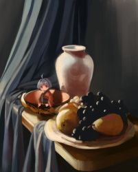Rule 34 | 1girl, absurdres, ahoge, bowl, closed mouth, commentary, curtains, english commentary, food, fruit, grapes, highres, in container, indoors, japanese clothes, joaoloss4, kimono, looking at viewer, mini person, minigirl, pear, pot, purple hair, red eyes, red kimono, sash, short hair, smile, solo, sukuna shinmyoumaru, touhou