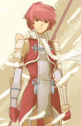Rule 34 | 1girl, armor, brown background, dress, fire emblem, fire emblem fates, gloves, hinoka (fire emblem), nintendo, open mouth, red eyes, red hair, scarf, short hair, weapon