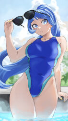 Rule 34 | 1girl, absurdres, alternate costume, blue eyes, blue hair, blue one-piece swimsuit, blue sky, boku no hero academia, breasts, cloud, competition swimsuit, covered navel, day, fengling (furin-jp), hadou nejire, highres, holding, holding removed eyewear, large breasts, long hair, looking at viewer, one-piece swimsuit, outdoors, partially submerged, ponytail, sky, solo, sunglasses, swimsuit, thighs, unworn eyewear