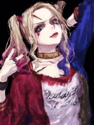 Rule 34 | 1girl, arm up, black background, black nails, blonde hair, blue eyes, blue hair, blue jacket, cuts, dc comics, gradient hair, hand up, harley quinn, highres, holding, injury, jacket, jewelry, jiz (pffbq), long hair, long sleeves, looking at viewer, multicolored hair, neck ring, open clothes, open jacket, pink hair, red jacket, ring, shirt, simple background, smile, solo, suicide squad, twintails, upper body, white shirt