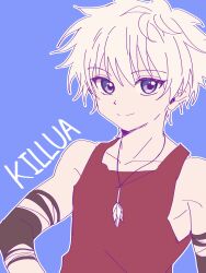 Rule 34 | 1boy, blue background, blue eyes, character name, chikasarang, child, highres, hunter x hunter, jewelry, killua zoldyck, looking at viewer, male focus, necklace, red shirt, shirt, short hair, simple background, sleeveless, smile, solo, upper body, white hair