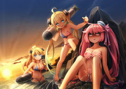 Rule 34 | &gt;:), &gt;:d, 3girls, :d, ahoge, albacore (warship girls r), american flag bikini, american flag print, archerfish (warship girls r), arm support, arm up, bandeau, bare arms, bare legs, bare shoulders, barefoot, bikini, blonde hair, blue eyes, breasts, cellphone, cleavage, cloud, collarbone, commentary request, dixie cup hat, dutch angle, flag print, flat chest, front-tie bikini top, front-tie top, grabbing another&#039;s hair, gradient hair, green hair, hair between eyes, hair flaps, hair ornament, hair ribbon, halterneck, hat, high ponytail, holding, holding phone, holding torpedo, large breasts, long hair, looking at another, looking at phone, military hat, mini hat, mtyy, multicolored hair, multiple girls, navel, nipples, ocean, open mouth, outdoors, pee, peeing, peeing self, phone, pink hair, pink ribbon, print bikini, ribbon, rising sun flag, rock, see-through, side-tie bikini bottom, sidelocks, sitting, sky, smartphone, smile, standing, strapless, strapless bikini, striped bikini, striped clothes, striped ribbon, sunburst, sunset, sweat, swimsuit, taihou (warship girls r), taking picture, torogao, torpedo, turn pale, twintails, v-shaped eyebrows, very long hair, wading, warship girls r, wet, white hat