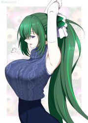 Rule 34 | 1girl, absurdres, arms up, bracelet, breasts, commentary request, floral background, green hair, hair over one eye, hair ribbon, highres, jewelry, large breasts, long hair, looking at viewer, mattari yufi, open mouth, original, ponytail, purple eyes, ribbon, shirt, skirt, sleeveless, sleeveless shirt, smile, solo, sweater, turtleneck, turtleneck sweater, tying hair, upper body