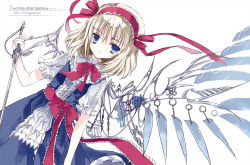 Rule 34 | 1girl, adapted costume, alice margatroid, bad id, bad pixiv id, blonde hair, blue dress, blue eyes, cierra (ra-bit), dress, hair ribbon, looking at viewer, puffy short sleeves, puffy sleeves, ra-bit, ribbon, sash, shirt, short sleeves, simple background, solo, sword, touhou, weapon, white background, wings