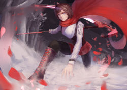 Rule 34 | 1girl, absurdres, forest, highres, nature, night, petals, rose petals, ruby rose, rwby, scythe, snow, solo