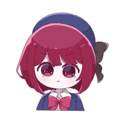 Rule 34 | 1girl, arima kana, beret, black bow, blue hat, blue jacket, bob cut, bow, bowtie, chibi, closed mouth, collared shirt, commentary request, cropped torso, dress shirt, hat, hat bow, jacket, no pupils, oan (o annn), oshi no ko, pout, red bow, red bowtie, red eyes, red hair, school uniform, shirt, short hair, simple background, solo, upper body, white background, white shirt, youtou high school uniform