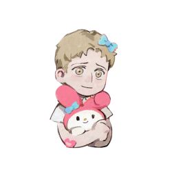 Rule 34 | 1boy, aged down, blonde hair, blue bow, bow, character request, chibi, cropped torso, flower, hair bow, highres, hugging object, looking at viewer, luguoadeli (maple12031), male focus, onegai my melody, pink flower, reiner braun, sanrio, shingeki no kyojin, shirt, short hair, smile, solo, stuffed toy, white background, white shirt