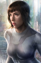 Rule 34 | 1girl, bodysuit, breasts, brown hair, closed mouth, copyright name, cyborg, ghost in the shell, ghost in the shell (2017), green eyes, highres, john law bc, kusanagi motoko, lips, medium breasts, nose, red lips, scarlett johannson, short hair, skin tight, solo, upper body, white bodysuit