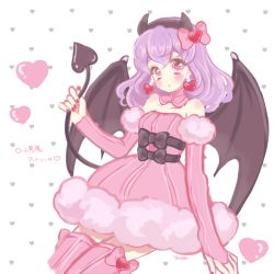 Rule 34 | 1girl, arm warmers, avarita (otoca d&#039;or), avarita (otoca doll), bad id, bad pixiv id, bare shoulders, bat wings, blush, bow, bridal gauntlets, character name, demon tail, detached collar, earrings, hairband, heart, heart background, heart earrings, horn bow, horn ornament, horns, jewelry, otoca d&#039;or, pink bow, pink eyes, pink skirt, pink thighhighs, purple hair, short hair, simple background, skirt, smile, solo, tail, thighhighs, waist bow, wings, yayoi (frp-y)
