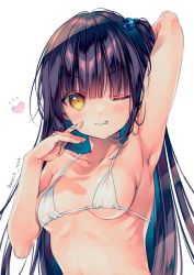 Rule 34 | 1girl, :p, arm up, armpits, bikini, black hair, blue hair, blush, breasts, commentary request, hair bobbles, hair ornament, heart, highres, long hair, looking at viewer, march-bunny, multicolored hair, one eye closed, one side up, original, simple background, small breasts, solo, swimsuit, tongue, tongue out, twitter username, upper body, very long hair, white background, white bikini, yellow eyes