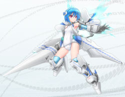 Rule 34 | 1girl, blue hair, blue thighhighs, bob cut, breasts, covered navel, densou tenshi valforce, elbow gloves, flat chest, gloves, hair ornament, highres, huge weapon, kannagi ai, karukan (monjya), lance, mecha musume, one-piece swimsuit, polearm, red eyes, short hair, small breasts, solo, swimsuit, thighhighs, thrusters, weapon, white one-piece swimsuit