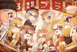 Rule 34 | cup, drink, drinking glass, fake horns, hat, highres, horns, inkling, inkling boy, inkling girl, inkling player character, multiple boys, multiple girls, nintendo, octoling, octoling girl, octoling player character, party, plum0o0, ribbon, splatoon (series), splatoon 2, splatoon 3, suction cups, tentacle hair